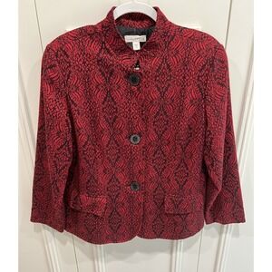 Coldwater Creek Brocade Jacquard Button Up Jacket Red Pleated Artsy Asian Inspo